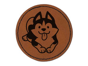 Siberian Husky Laying Down Dog Round Iron-On Engraved Faux Leather Patch Applique - 2.5"