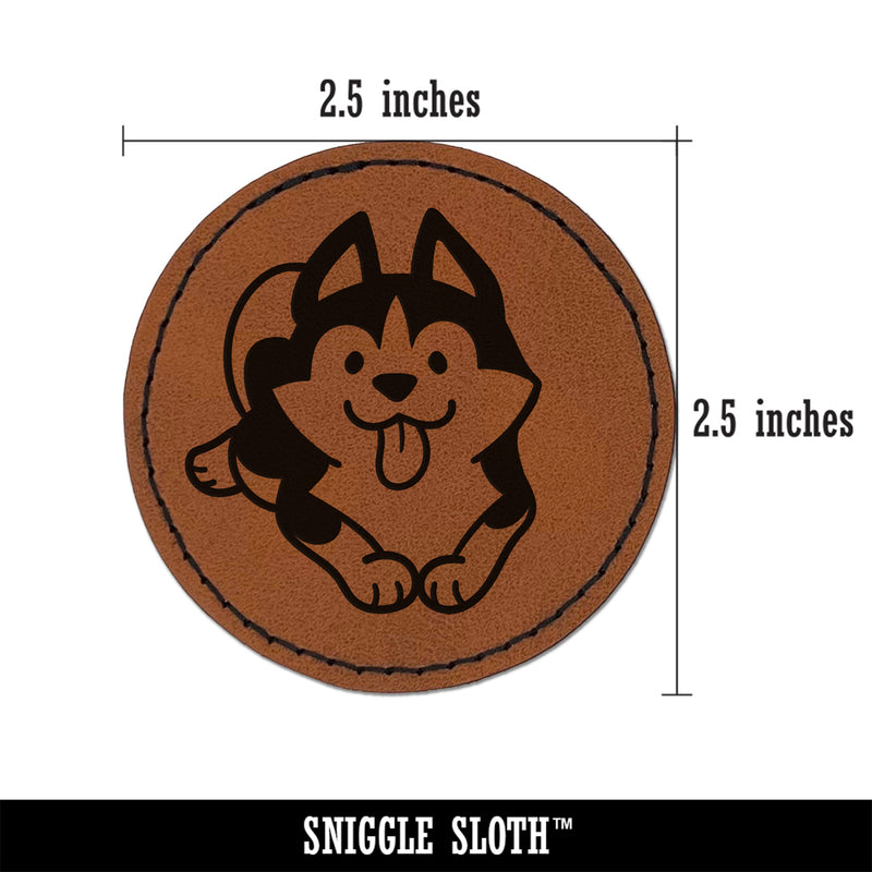 Siberian Husky Laying Down Dog Round Iron-On Engraved Faux Leather Patch Applique - 2.5"