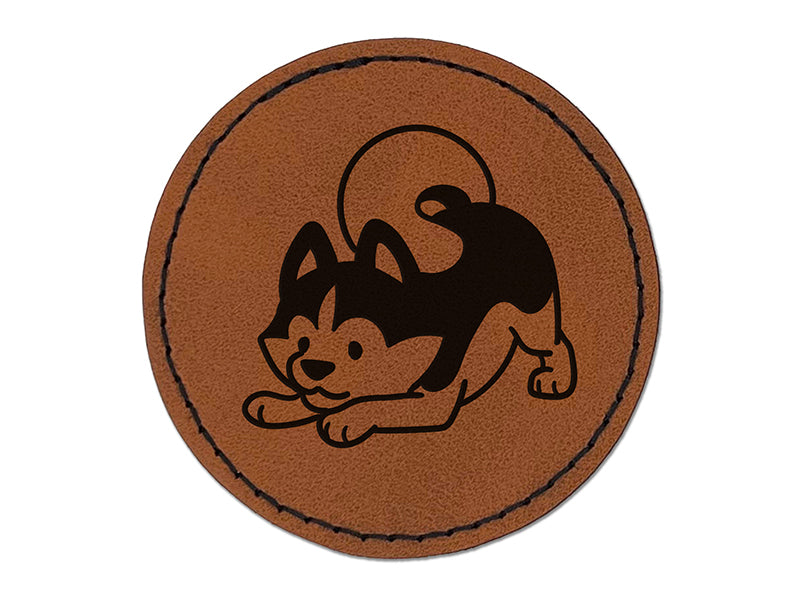 Siberian Husky Play Bow Dog Round Iron-On Engraved Faux Leather Patch Applique - 2.5"