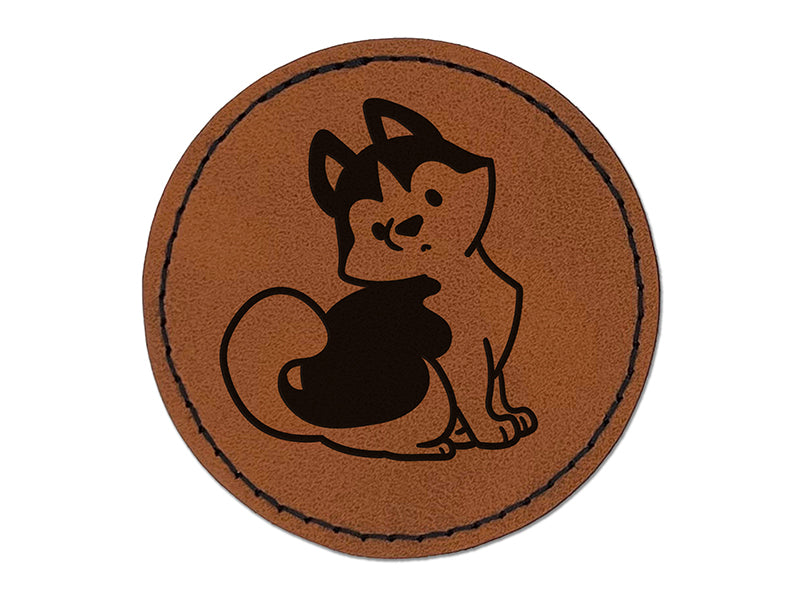 Siberian Husky Sitting Dog Round Iron-On Engraved Faux Leather Patch Applique - 2.5"