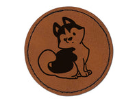 Siberian Husky Sitting Dog Round Iron-On Engraved Faux Leather Patch Applique - 2.5"