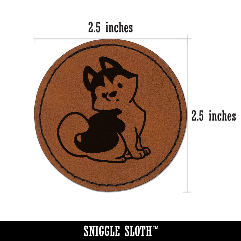 Siberian Husky Sitting Dog Round Iron-On Engraved Faux Leather Patch Applique - 2.5"