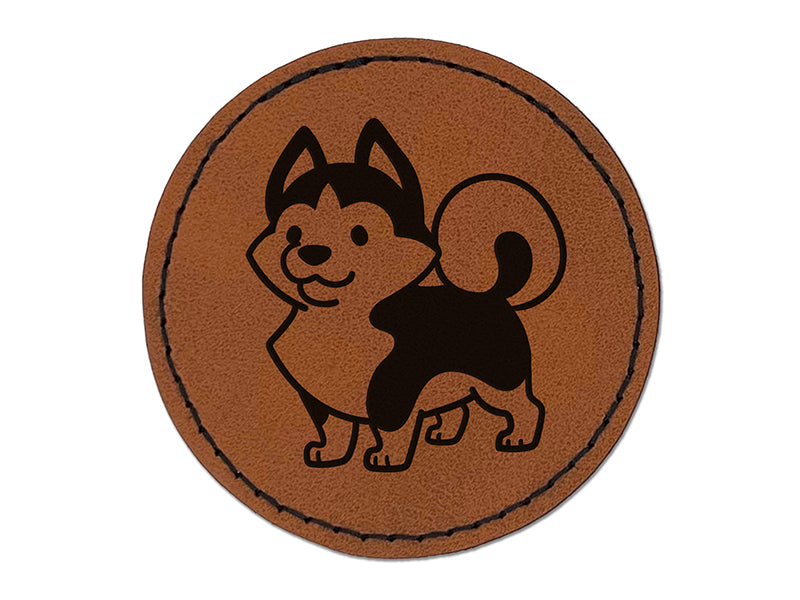 Siberian Husky Standing Dog Round Iron-On Engraved Faux Leather Patch Applique - 2.5"