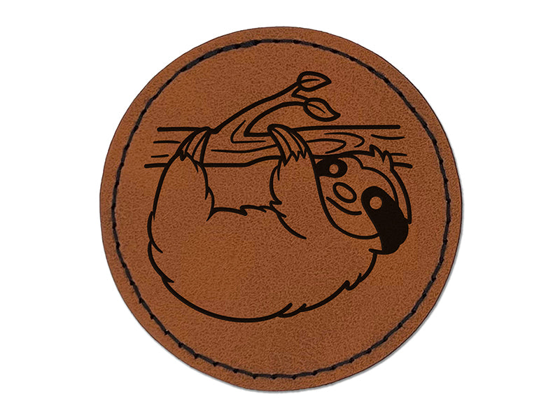 Sloth Hanging from a Branch Round Iron-On Engraved Faux Leather Patch Applique - 2.5"