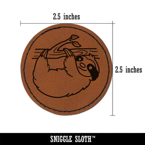 Sloth Hanging from a Branch Round Iron-On Engraved Faux Leather Patch Applique - 2.5"