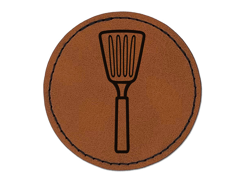 Spatula Kitchen Utensil BBQ Grilling Round Iron-On Engraved Faux Leather Patch Applique - 2.5"