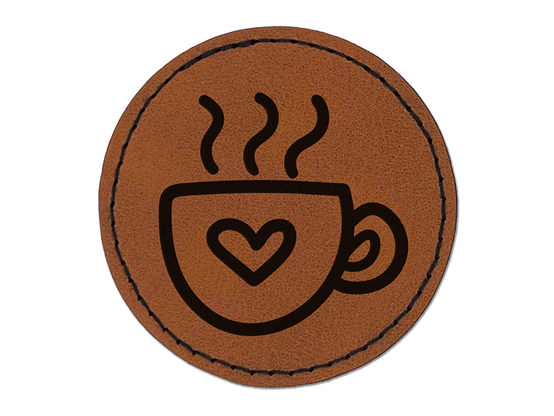 Steaming Hot Coffee Mug Cup with Heart Round Iron-On Engraved Faux Leather Patch Applique - 2.5"