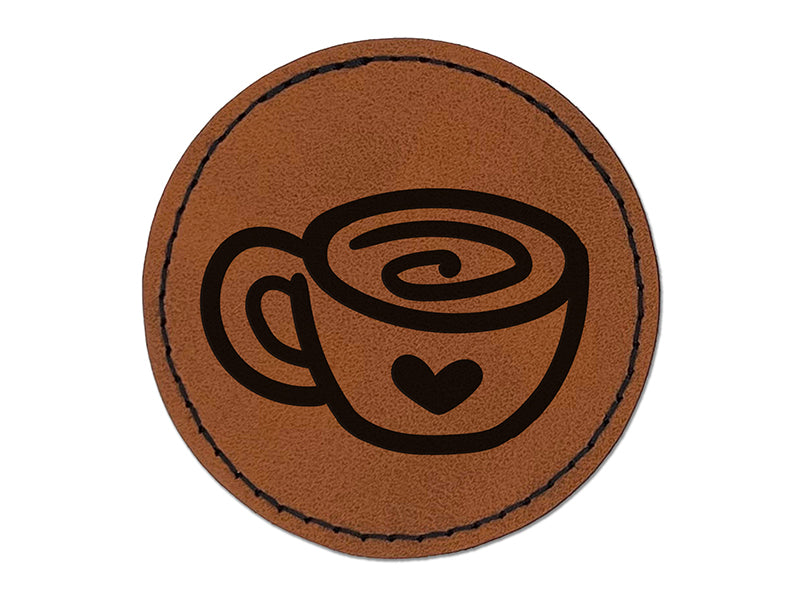 Swirly Latte Coffee Mug with Heart Round Iron-On Engraved Faux Leather Patch Applique - 2.5"
