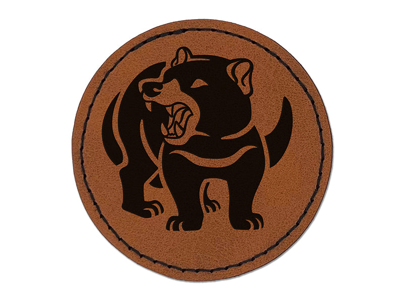Tasmanian Devil Growling Round Iron-On Engraved Faux Leather Patch Applique - 2.5"