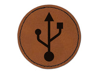 USB Symbol Round Iron-On Engraved Faux Leather Patch Applique - 2.5"