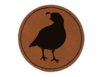 Walking Quail Bird Solid Round Iron-On Engraved Faux Leather Patch Applique - 2.5"