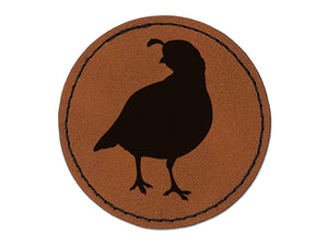 Walking Quail Bird Solid Round Iron-On Engraved Faux Leather Patch Applique - 2.5"