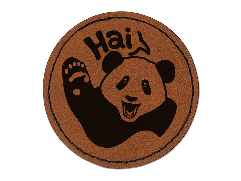 Waving Panda Saying Hai Round Iron-On Engraved Faux Leather Patch Applique - 2.5"