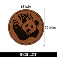 Waving Panda Saying Hai Round Iron-On Engraved Faux Leather Patch Applique - 2.5"