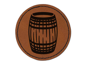 Wine Wood Cask Barrel Upright Round Iron-On Engraved Faux Leather Patch Applique - 2.5"