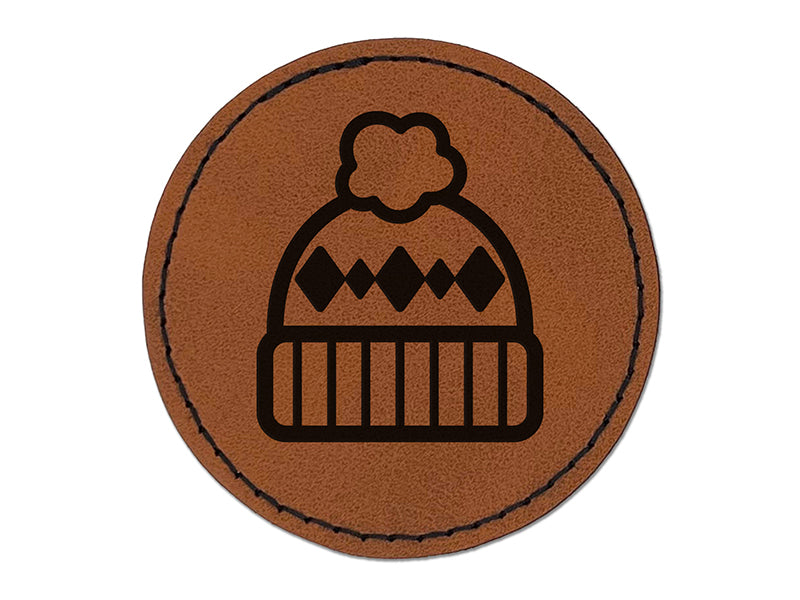 Winter Beanie Hat Round Iron-On Engraved Faux Leather Patch Applique - 2.5"