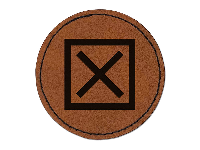 X in Box Cancel Error Checkbox Round Iron-On Engraved Faux Leather Patch Applique - 2.5"