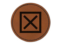 X in Box Cancel Error Checkbox Round Iron-On Engraved Faux Leather Patch Applique - 2.5"