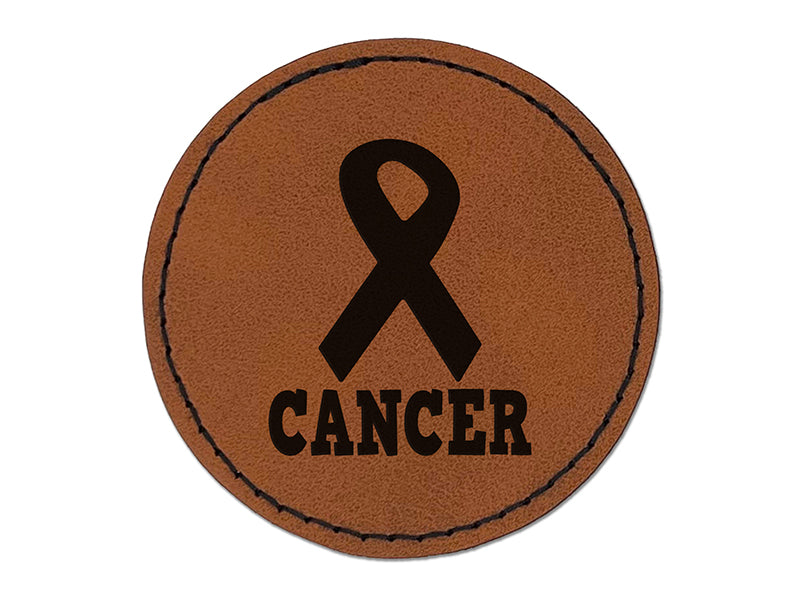 Cancer with Awareness Ribbon Round Iron-On Engraved Faux Leather Patch Applique - 2.5"