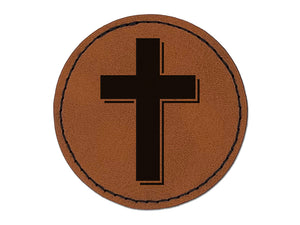 Cross with Shadow Christian Religion Round Iron-On Engraved Faux Leather Patch Applique - 2.5"