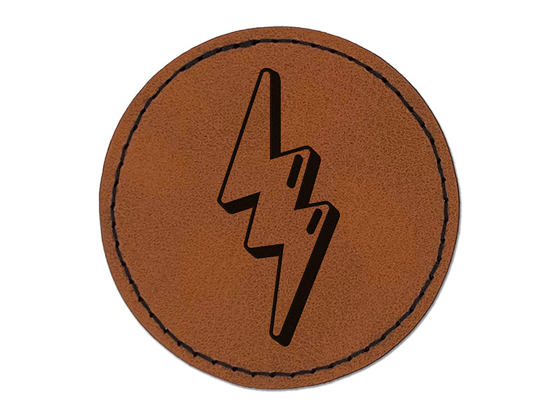 Quirky Lightning Bolt Round Iron-On Engraved Faux Leather Patch Applique - 2.5"