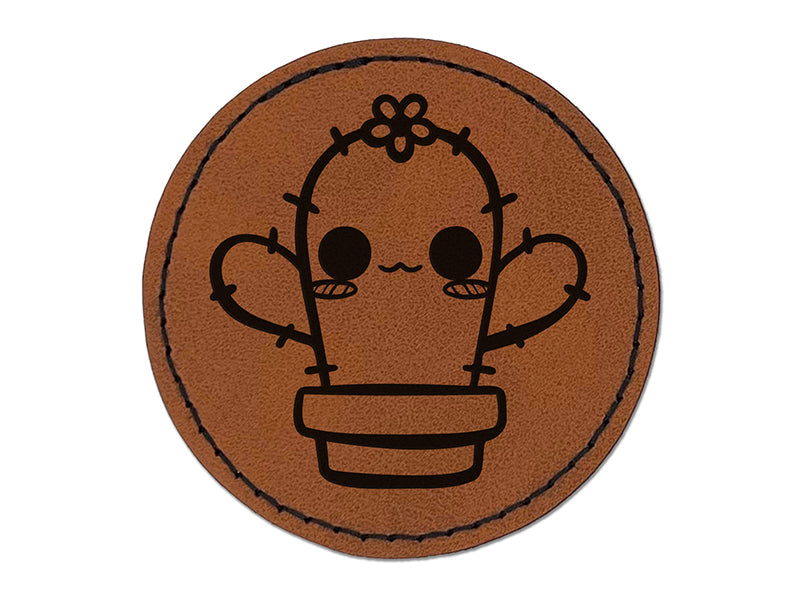 Adorable Kawaii Chibi Cactus in Pot Succulent Round Iron-On Engraved Faux Leather Patch Applique - 2.5"