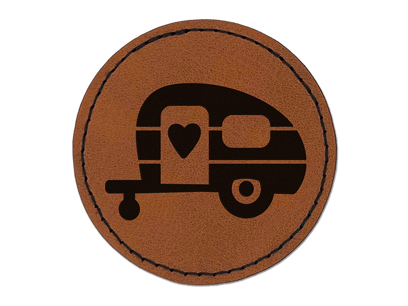 Adorable Little Camper Silhouette Camping Outdoor Life Round Iron-On Engraved Faux Leather Patch Applique - 2.5"