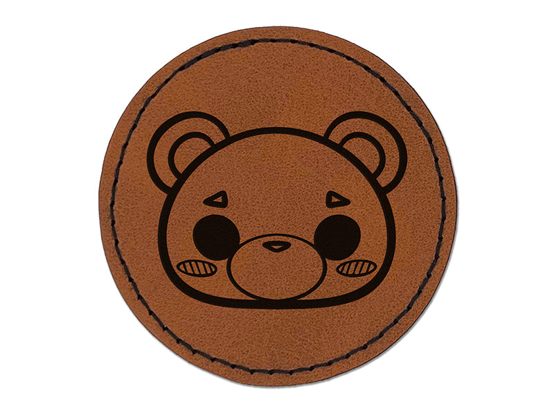 Charming Kawaii Chibi Bear Face Blushing Cheeks Round Iron-On Engraved Faux Leather Patch Applique - 2.5"