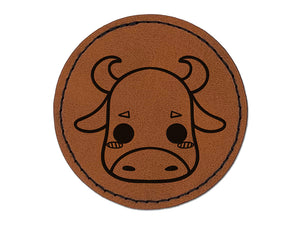 Charming Kawaii Chibi Bull Face Blushing Cheeks Round Iron-On Engraved Faux Leather Patch Applique - 2.5"