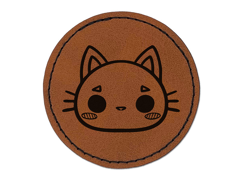 Charming Kawaii Chibi Cat Kitten Face Blushing Cheeks Round Iron-On Engraved Faux Leather Patch Applique - 2.5"