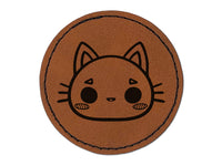 Charming Kawaii Chibi Cat Kitten Face Blushing Cheeks Round Iron-On Engraved Faux Leather Patch Applique - 2.5"