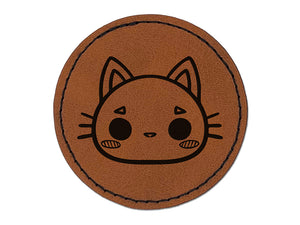 Charming Kawaii Chibi Cat Kitten Face Blushing Cheeks Round Iron-On Engraved Faux Leather Patch Applique - 2.5"