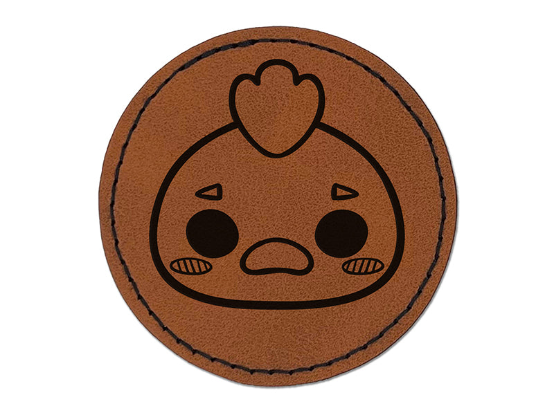 Charming Kawaii Chibi Chicken Face Blushing Cheeks Farm Eggs Round Iron-On Engraved Faux Leather Patch Applique - 2.5"