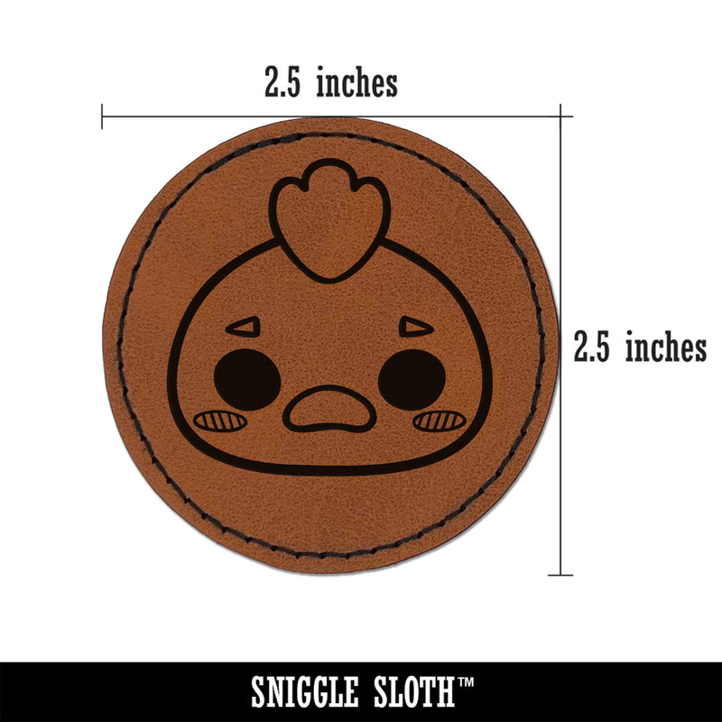 Charming Kawaii Chibi Chicken Face Blushing Cheeks Farm Eggs Round Iron-On Engraved Faux Leather Patch Applique - 2.5"