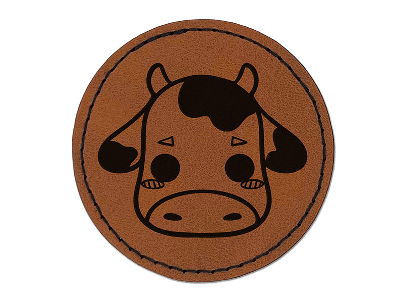 Charming Kawaii Chibi Cow Face Blushing Cheeks Milk Farm Round Iron-On Engraved Faux Leather Patch Applique - 2.5"