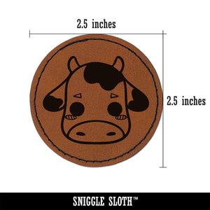 Charming Kawaii Chibi Cow Face Blushing Cheeks Milk Farm Round Iron-On Engraved Faux Leather Patch Applique - 2.5"