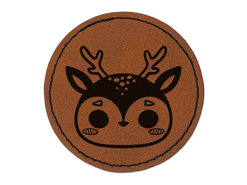 Charming Kawaii Chibi Deer Face Blushing Cheeks Round Iron-On Engraved Faux Leather Patch Applique - 2.5"
