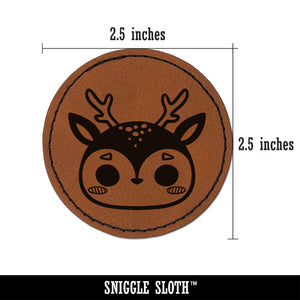 Charming Kawaii Chibi Deer Face Blushing Cheeks Round Iron-On Engraved Faux Leather Patch Applique - 2.5"