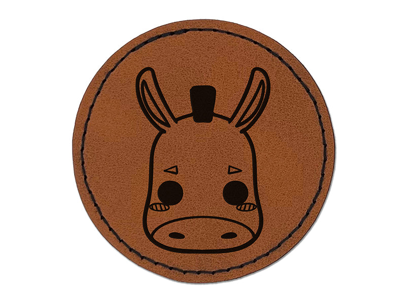 Charming Kawaii Chibi Donkey Mule Face Blushing Cheeks Farm Round Iron-On Engraved Faux Leather Patch Applique - 2.5"