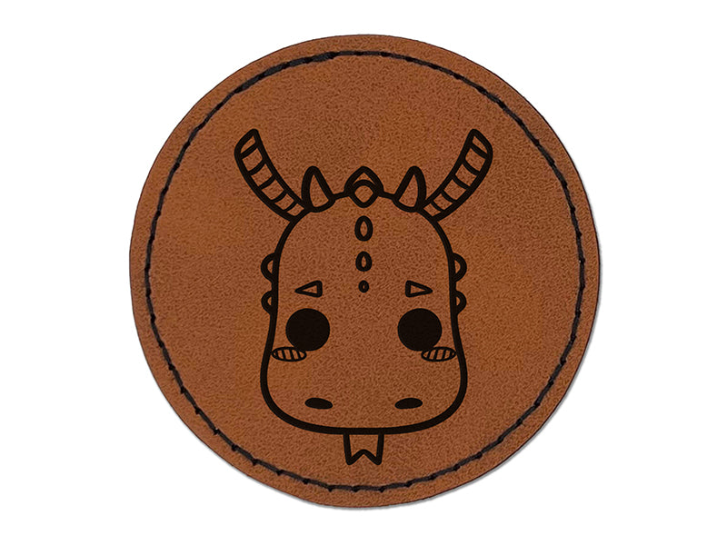 Charming Kawaii Chibi Dragon Face Blushing Cheeks Fantasy Round Iron-On Engraved Faux Leather Patch Applique - 2.5"