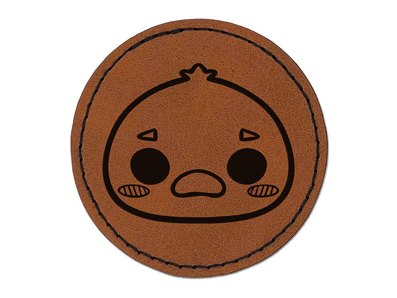 Charming Kawaii Chibi Duck Goose Face Blushing Cheeks Farm Eggs Round Iron-On Engraved Faux Leather Patch Applique - 2.5"