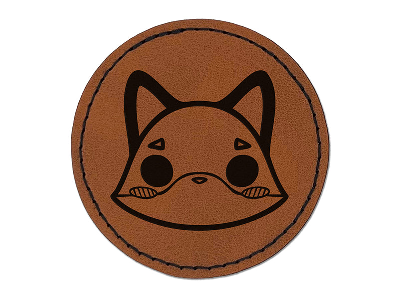 Charming Kawaii Chibi Fox Face Blushing Cheeks Round Iron-On Engraved Faux Leather Patch Applique - 2.5"