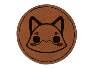 Charming Kawaii Chibi Fox Face Blushing Cheeks Round Iron-On Engraved Faux Leather Patch Applique - 2.5"