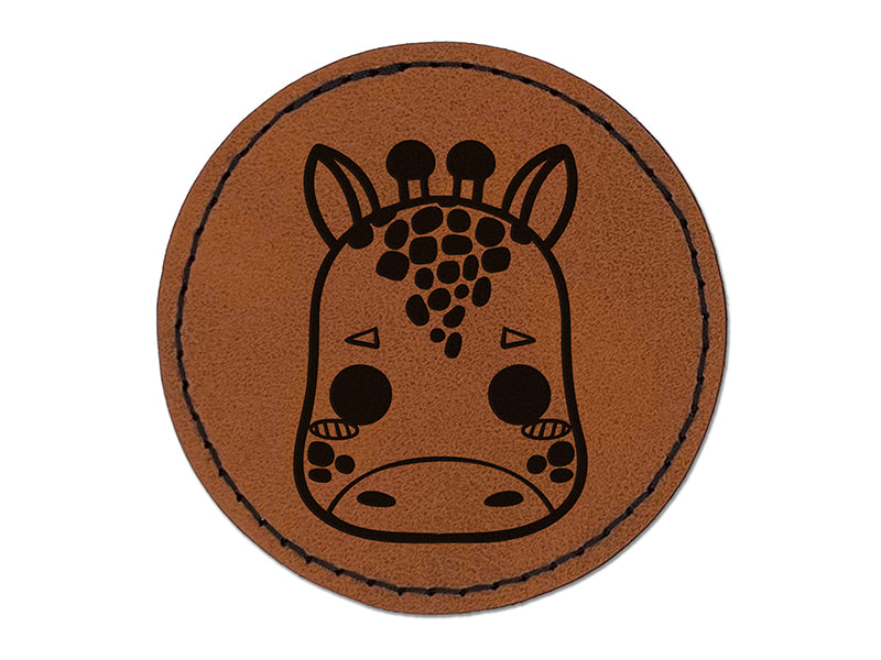 Charming Kawaii Chibi Giraffe Face Blushing Cheeks Round Iron-On Engraved Faux Leather Patch Applique - 2.5"