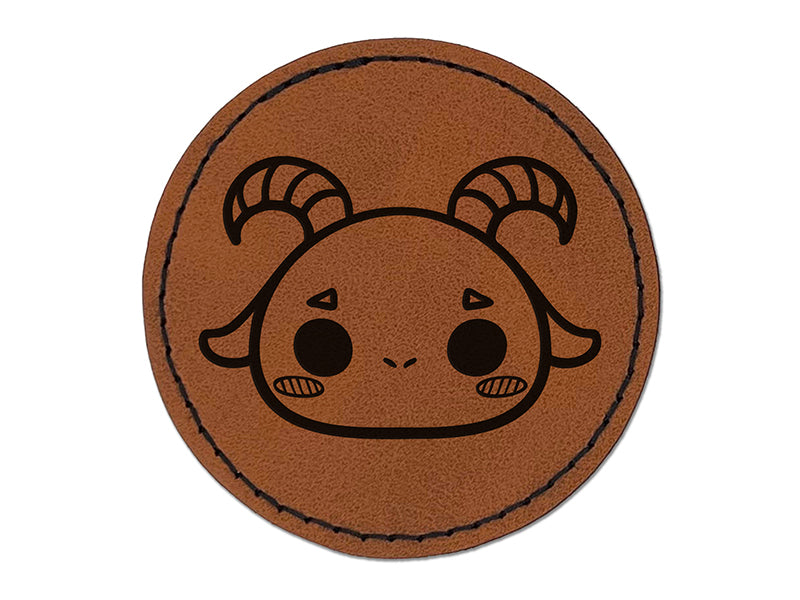 Charming Kawaii Chibi Goat Face Blushing Cheeks Round Iron-On Engraved Faux Leather Patch Applique - 2.5"
