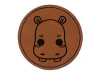 Charming Kawaii Chibi Hippopotamus Face Blushing Cheeks Round Iron-On Engraved Faux Leather Patch Applique - 2.5"
