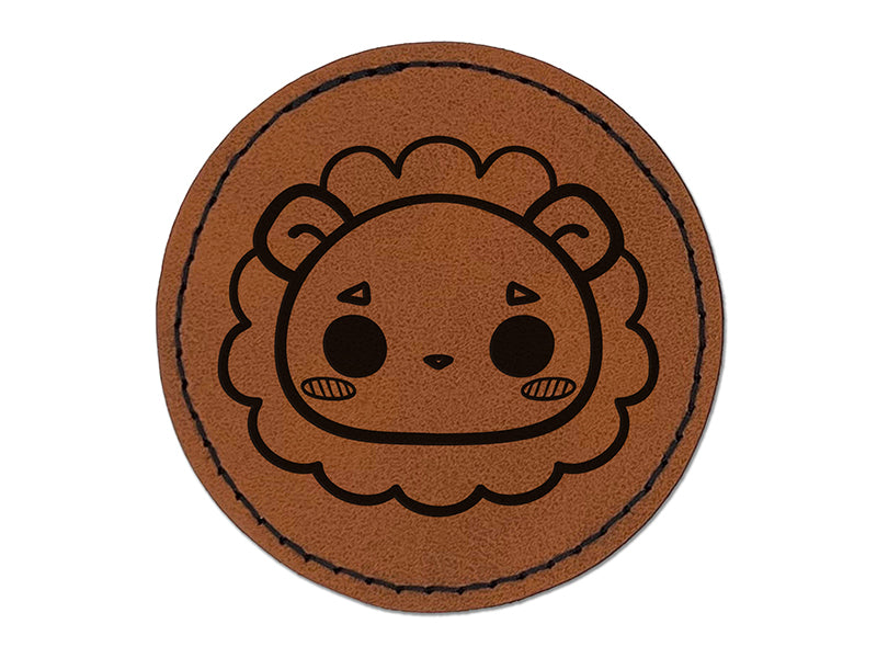 Charming Kawaii Chibi Lion Face Blushing Cheeks Round Iron-On Engraved Faux Leather Patch Applique - 2.5"