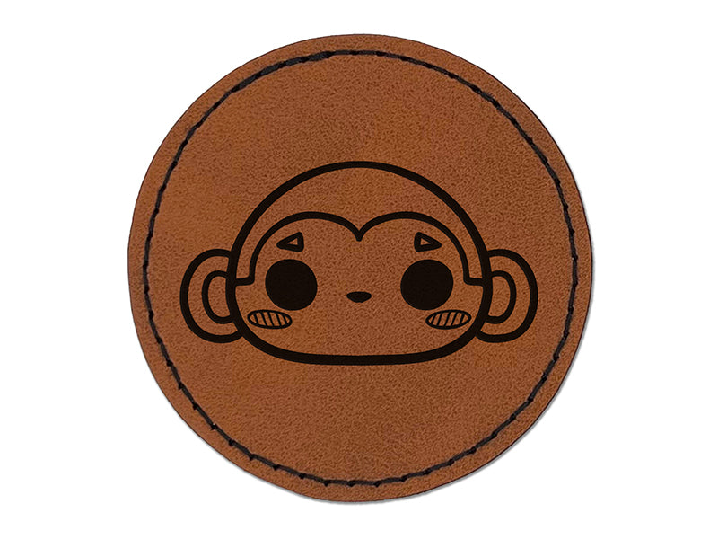 Charming Kawaii Chibi Monkey Face Blushing Cheeks Round Iron-On Engraved Faux Leather Patch Applique - 2.5"