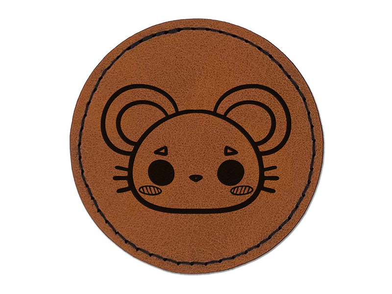 Charming Kawaii Chibi Mouse Face Blushing Cheeks Round Iron-On Engraved Faux Leather Patch Applique - 2.5"