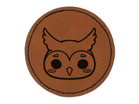 Charming Kawaii Chibi Owl Face Blushing Cheeks Great Horned Round Iron-On Engraved Faux Leather Patch Applique - 2.5"